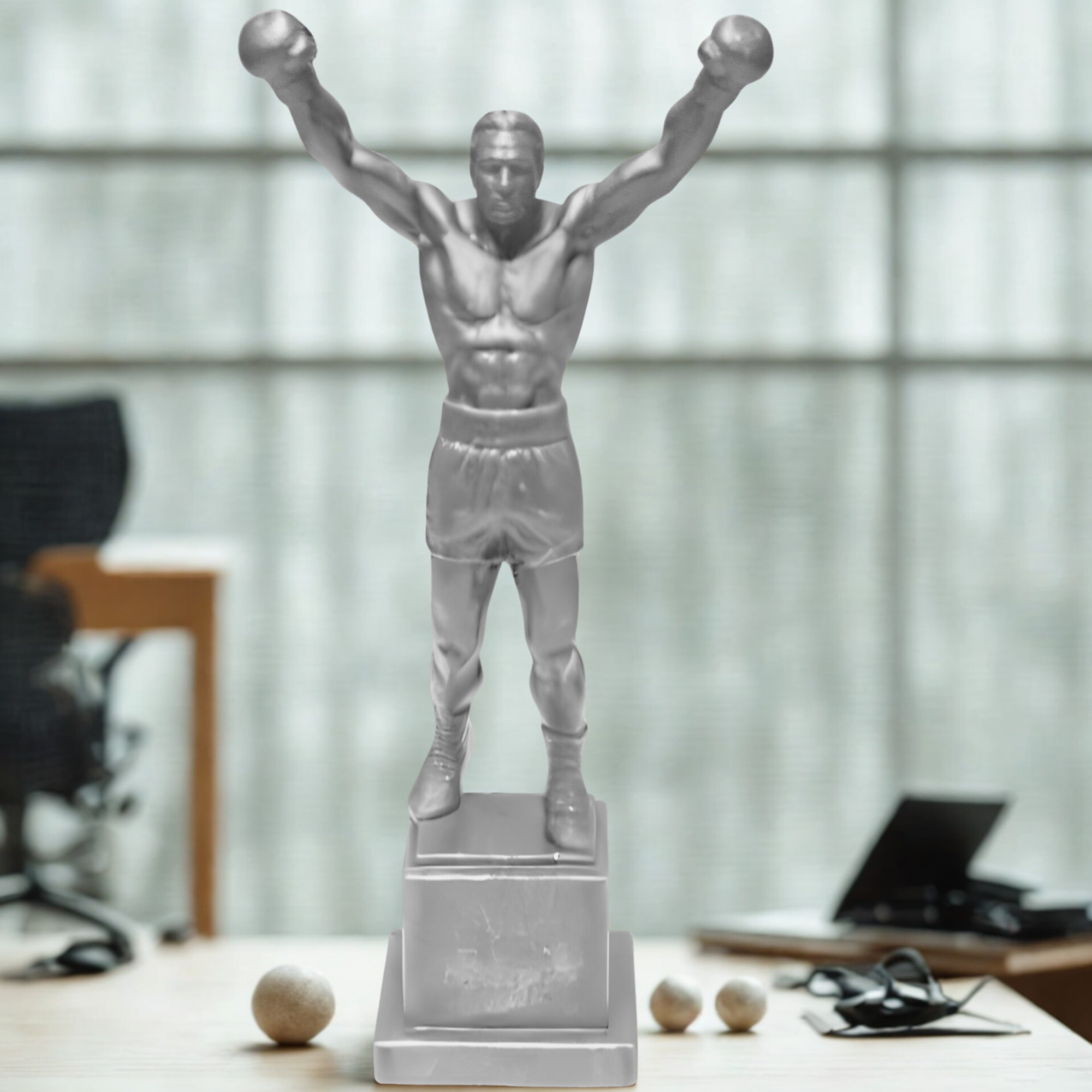 3D Printed Boxing Champion Statue 6 Inch – White Resin Sports Trophy Decor – Victory Pose Figure