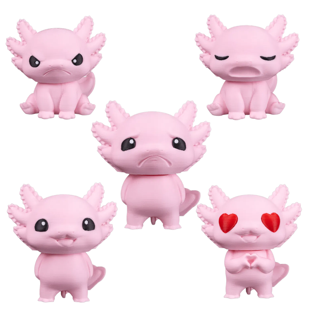BuildInk™ Mix & Match Axolotl Figure Set – 5 Interchangeable Heads + 3 Bodies – 3D Printed Customizable Axolotl Toy – Cute Desk Collectible
