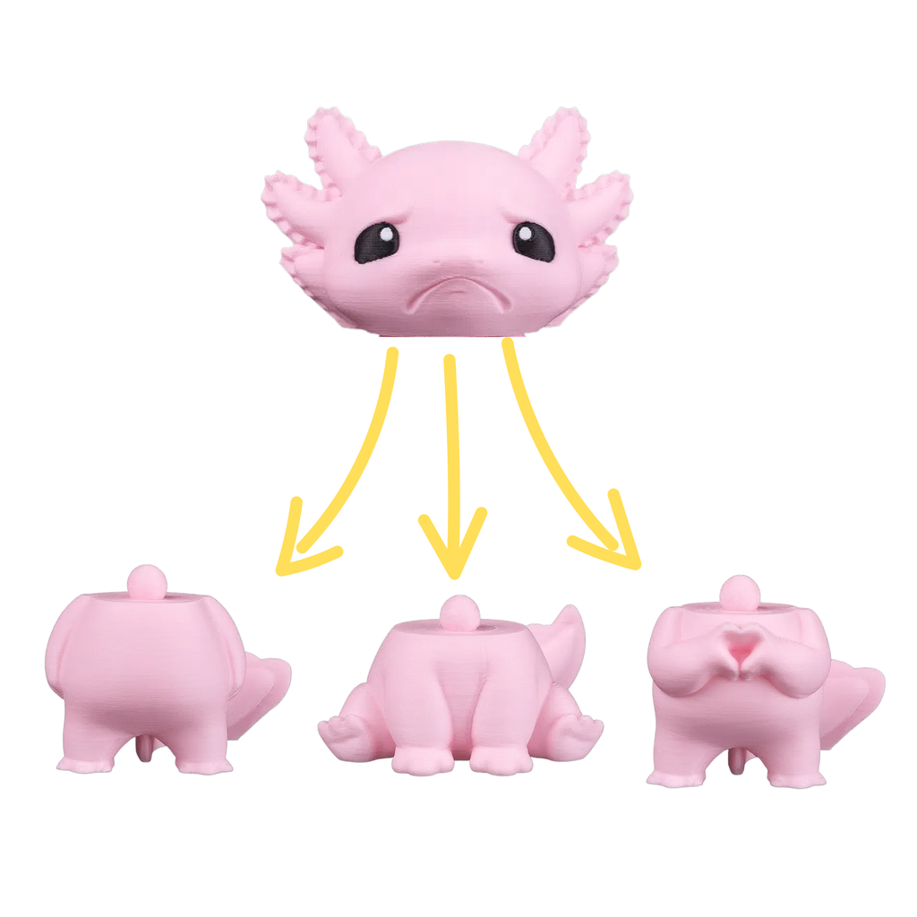 BuildInk™ Mix & Match Axolotl Figure Set – 5 Interchangeable Heads + 3 Bodies – 3D Printed Customizable Axolotl Toy – Cute Desk Collectible