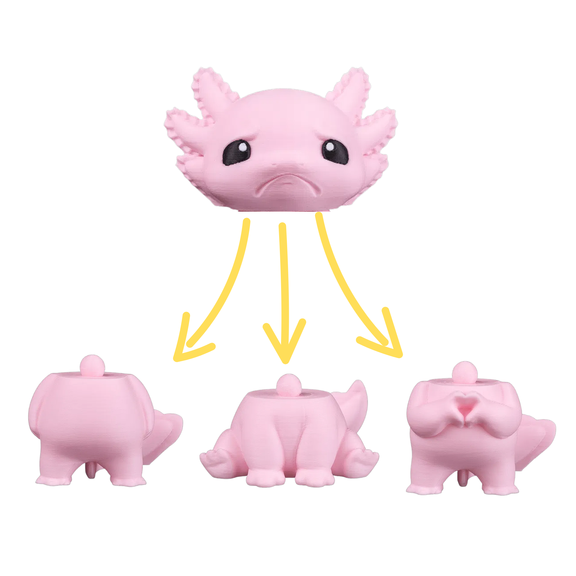 BuildInk™ Mix & Match Axolotl Figure Set – 5 Interchangeable Heads + 3 Bodies – 3D Printed Customizable Axolotl Toy – Cute Desk Collectible