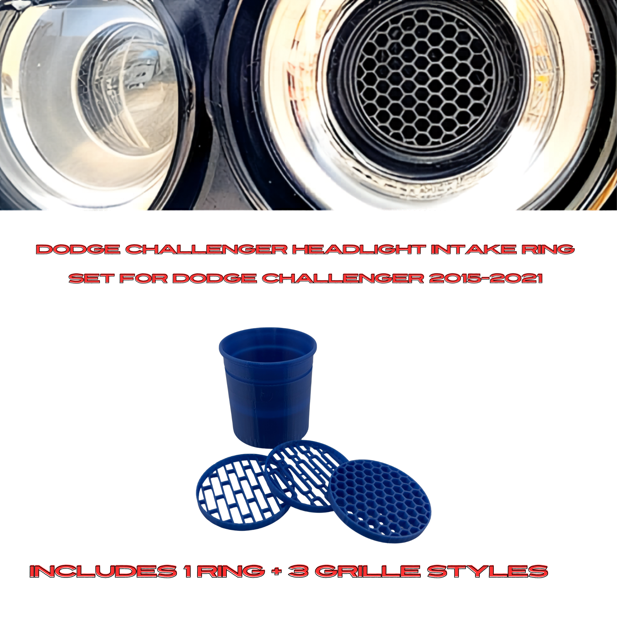 Dodge Challenger Headlight Intake Ring + 3 Grille Inserts 2015-2021