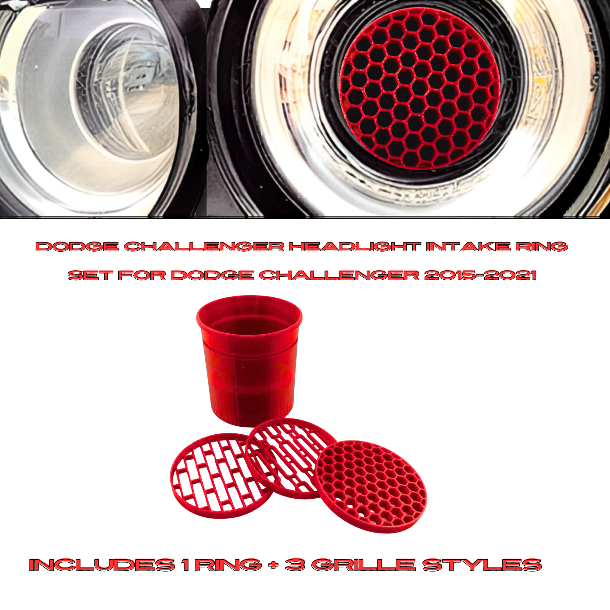 Dodge Challenger Headlight Intake Ring + 3 Grille Inserts 2015-2021