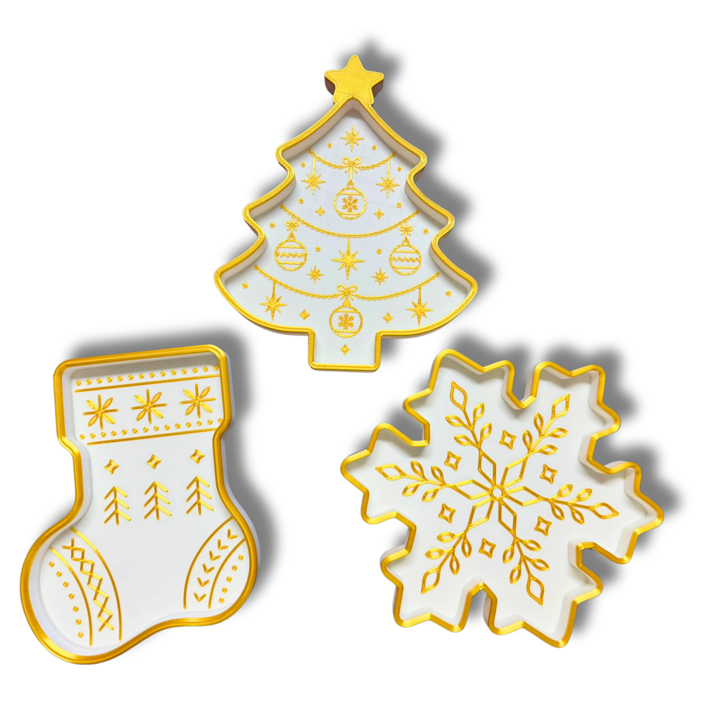 Christmas Trinket Tray Set of 3 – 3D Printed White & Gold Tree, Stocking & Snowflake