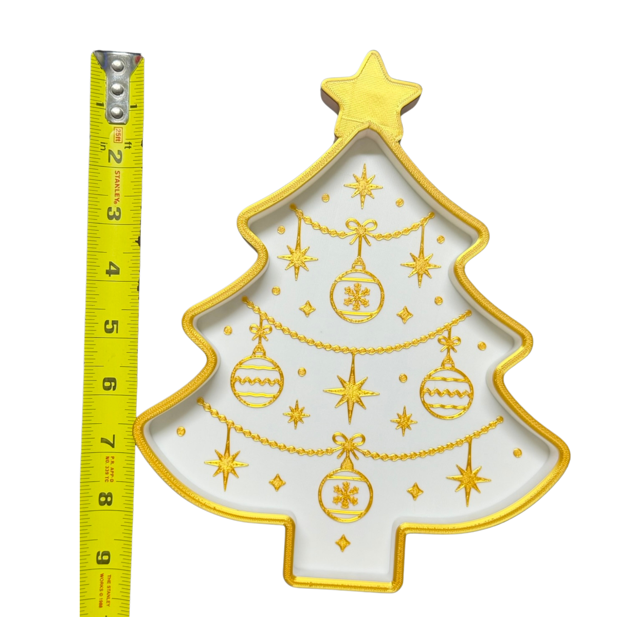 Christmas Trinket Tray Set of 3 – 3D Printed White & Gold Tree, Stocking & Snowflake