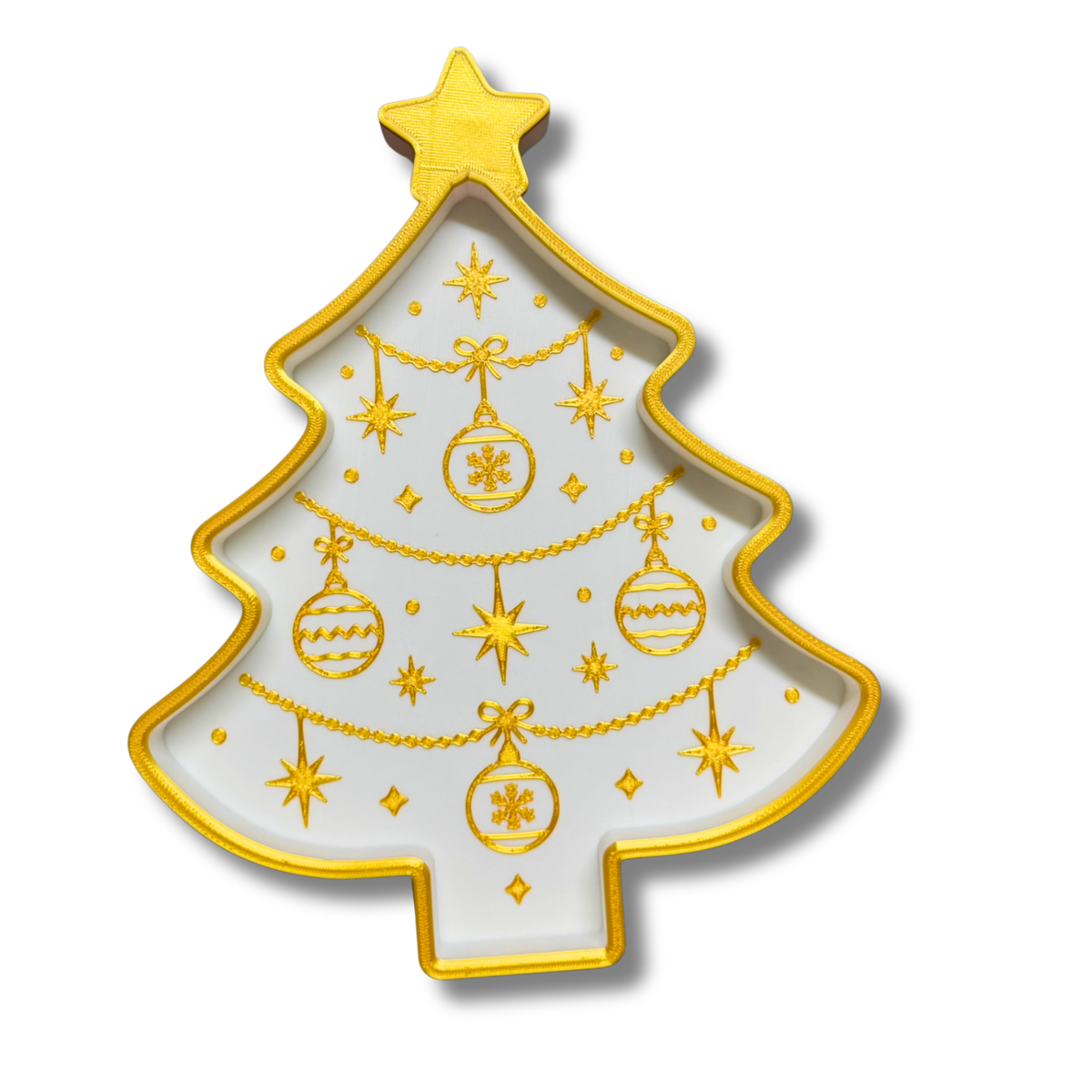 Christmas Trinket Tray Set of 3 – 3D Printed White & Gold Tree, Stocking & Snowflake