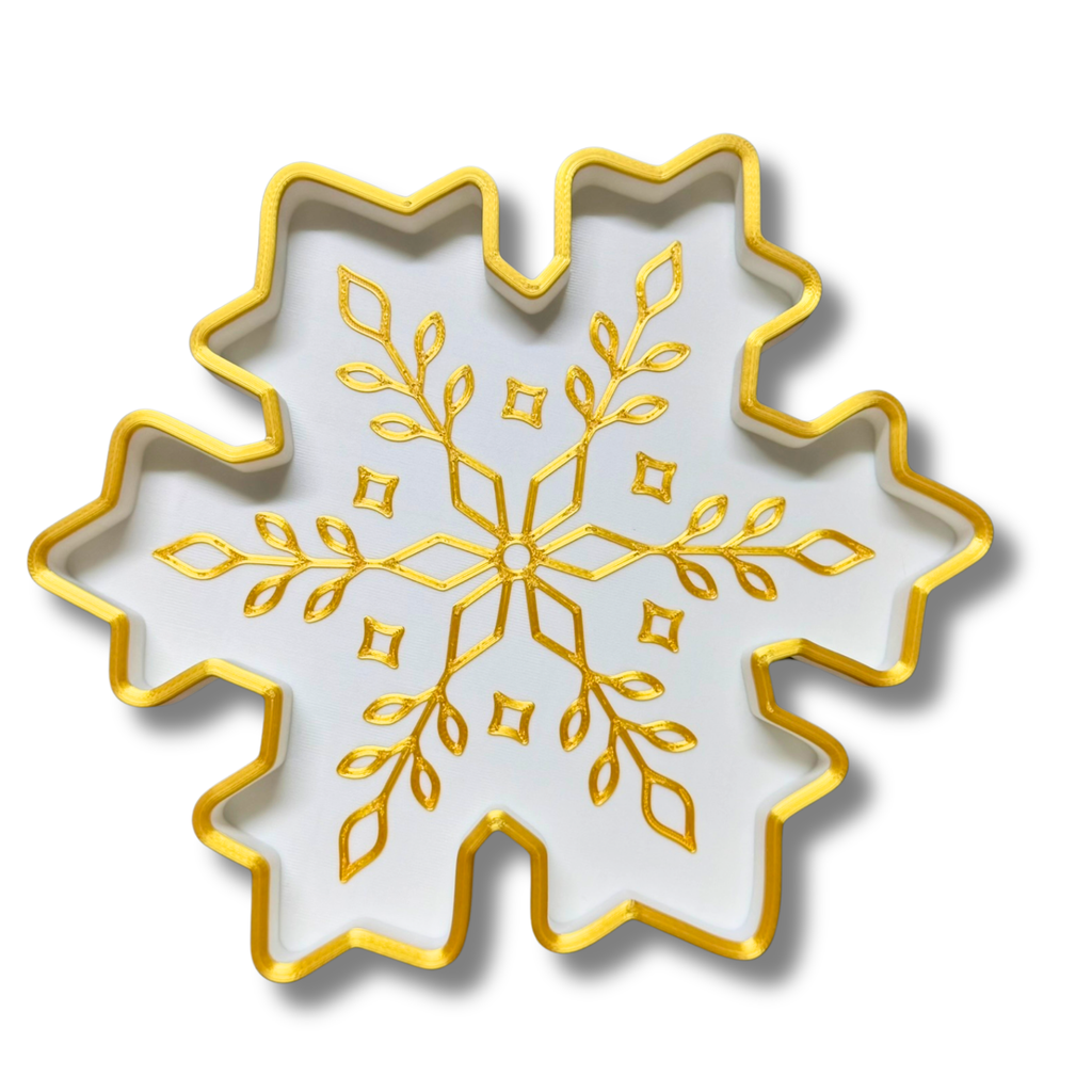 Christmas Trinket Tray Set of 3 – 3D Printed White & Gold Tree, Stocking & Snowflake