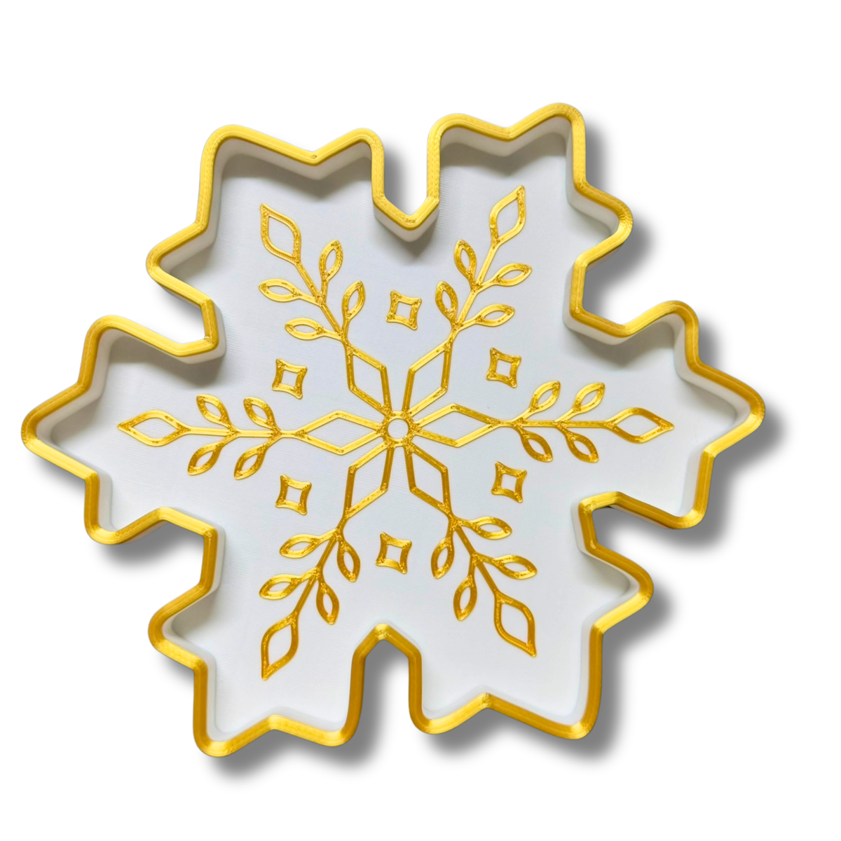 Christmas Trinket Tray Set of 3 – 3D Printed White & Gold Tree, Stocking & Snowflake