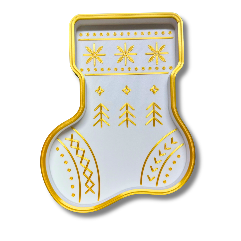 Christmas Trinket Tray Set of 3 – 3D Printed White & Gold Tree, Stocking & Snowflake