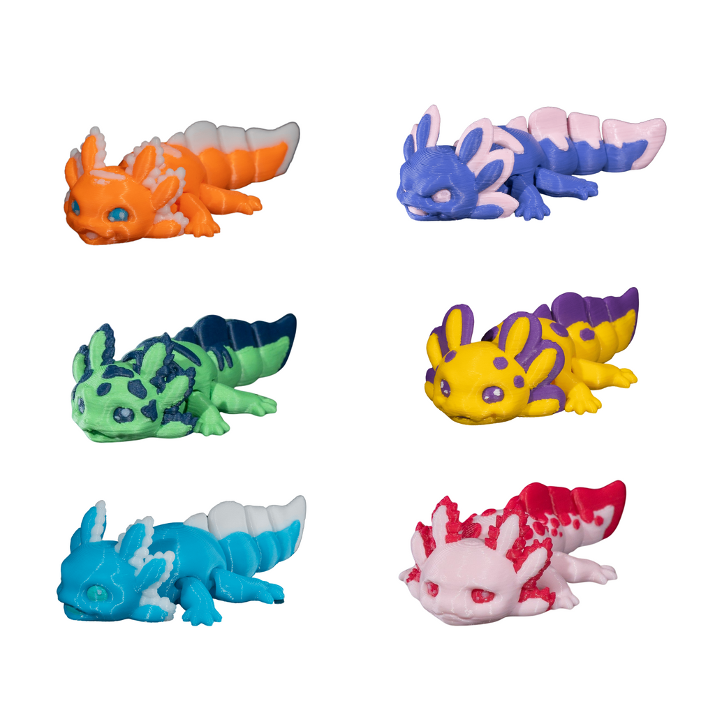 3D Printed Axolotl Figurine – Mini Articulated Desk Decor Set of 9 – Random Colors