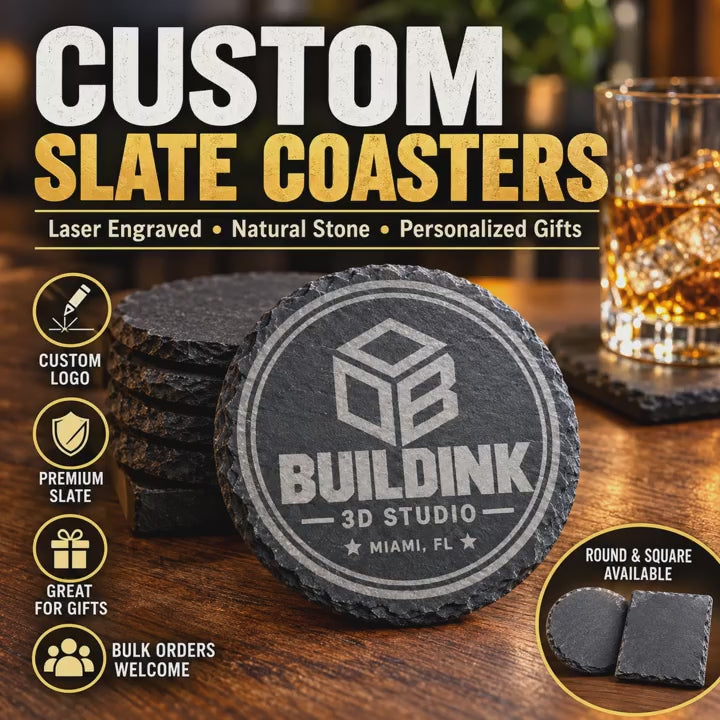 Custom Engraved Slate Coasters – Personalized Business Logo, Round or Square