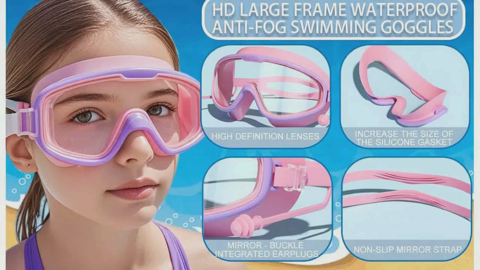 Swimming Goggles – Purple with Pink Frame – Anti-Fog & UV Protection